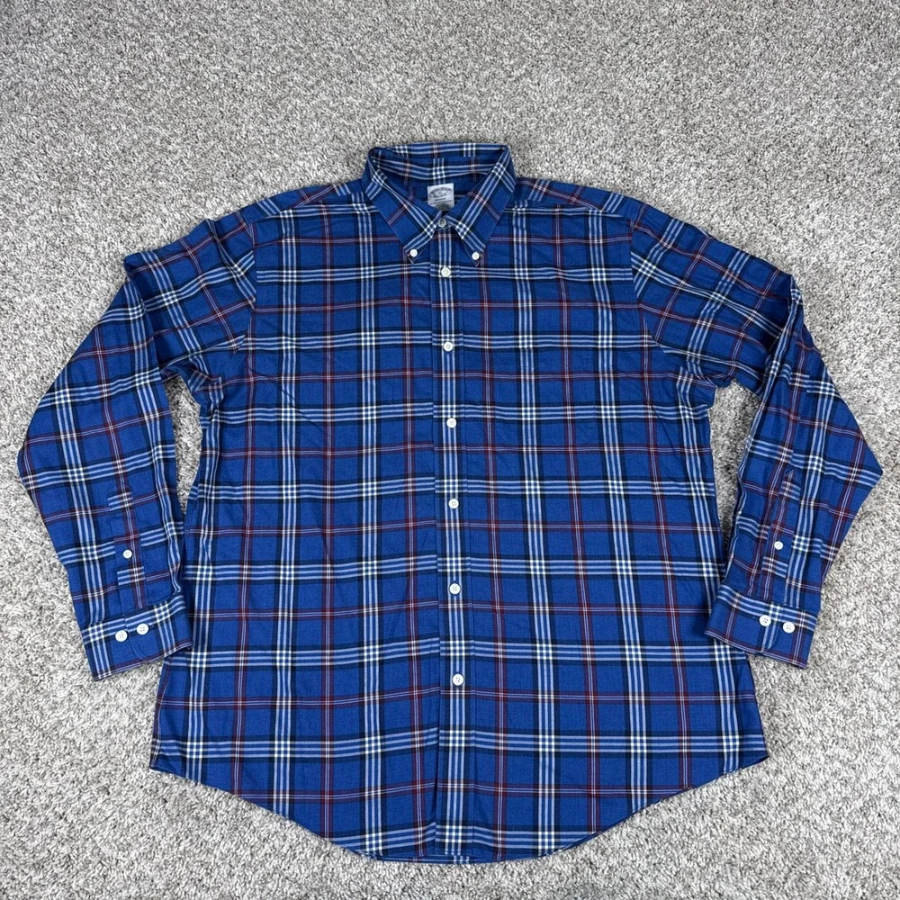 Brooks Brothers Shirt Mens XL Blue Plaid Supima Cotton Non-Iron Regent Preppy - Picture 2 of 7